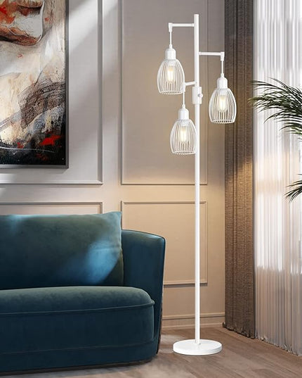 Dimmable Floor Lamp, 3 x 800LM LED Edison Bulbs Included, Farmhouse Industrial Floor Lamp Standing Lamp with Elegant Teardrop Cage Head Tall Lamp for Living Room Bedroom Office Dining Room - White - LeafyLoom
