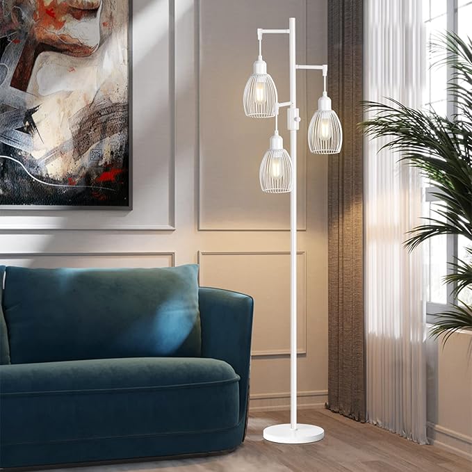 Dimmable Floor Lamp, 3 x 800LM LED Edison Bulbs Included, Farmhouse Industrial Floor Lamp Standing Lamp with Elegant Teardrop Cage Head Tall Lamp for Living Room Bedroom Office Dining Room - White - LeafyLoom