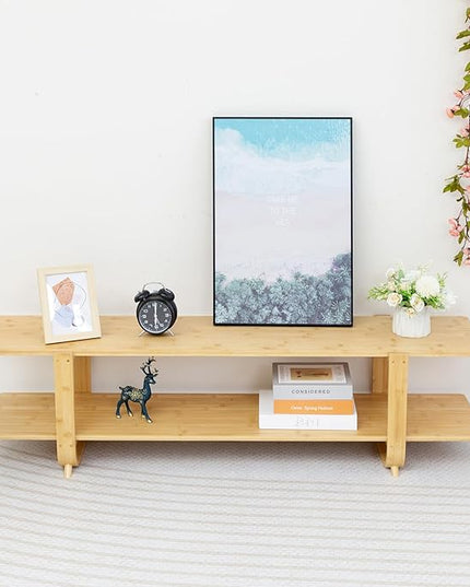 HollyHOME Bamboo TV Stand with Storage for TVs up to 65'', Modern Entertainment Center with 2 Open Shelf, Accent TV Media Console Table for Living Room, Bedroom, 55"(L), Burlywood - LeafyLoom