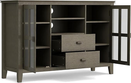SIMPLIHOME Artisan SOLID WOOD Universal TV Media Stand, 53 inch Wide, Transitional, Living Room Entertainment Center with Storage, for Flat Screen TVs up to 60 inches in Farmhouse Grey - LeafyLoom