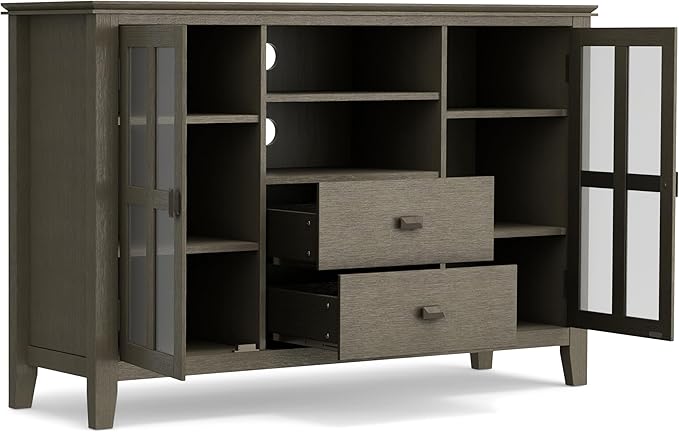 SIMPLIHOME Artisan SOLID WOOD Universal TV Media Stand, 53 inch Wide, Transitional, Living Room Entertainment Center with Storage, for Flat Screen TVs up to 60 inches in Farmhouse Grey - LeafyLoom