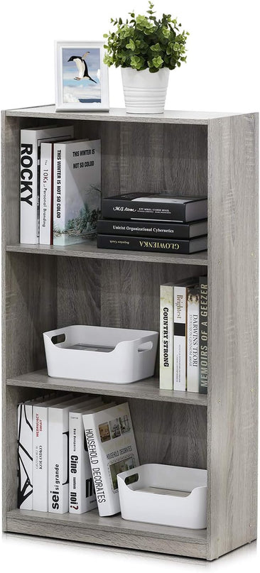 Furinno Basic 3-Tier Bookcase Storage Shelves, French Oak Grey - LeafyLoom