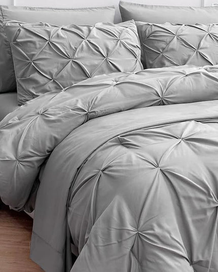 LANE LINEN 7 Piece Queen Comforter Set with Sheets, Pintuck Bedding Queen Size Set, Soft Bed in A Bag Queen, Pinch Pleated Queen Bed Set, Fluffy Queen Bedding Set with Pillowcases & Shams - Silver - LeafyLoom