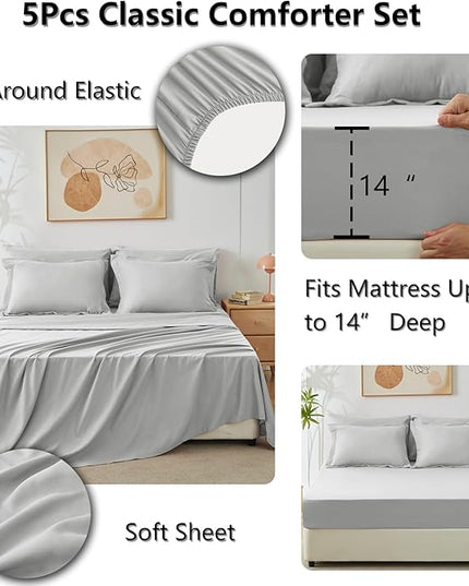 CozyLux Twin Bed in a Bag Comforter Set with Sheets 5-Pieces for Girls and Boys Light Grey All Season Bedding Sets with Comforter, Pillow Sham, Flat Sheet, Fitted Sheet and Pillowcase - LeafyLoom