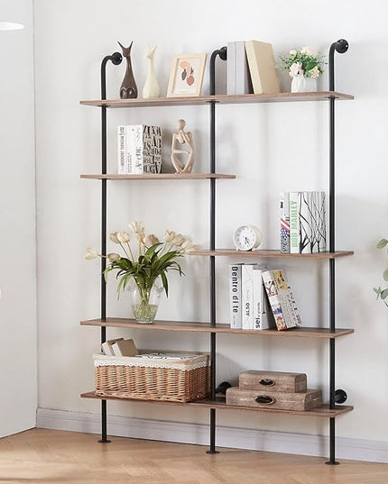 HOMISSUE Industrial Bookshelf 5-Tier Open Wall Mount Ladder Bookshelf, Modern Bookcase with Metal Frame and Wood Style for Home Office, Wall Mounted industrial Iron Pipe Shelf, Oak Brown - LeafyLoom