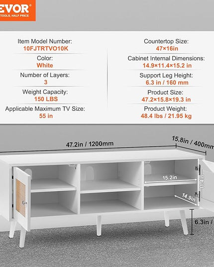 VEVOR Rattan TV Stand, Boho TV Cabinet for 55 inch TV, Mid Century Modern TV Stand, Rattan TV Console with Adjustable Shelfs for Living Room, Media Room, White - LeafyLoom