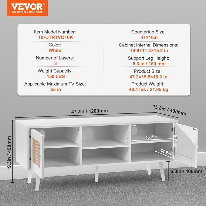 VEVOR Rattan TV Stand, Boho TV Cabinet for 55 inch TV, Mid Century Modern TV Stand, Rattan TV Console with Adjustable Shelfs for Living Room, Media Room, White - LeafyLoom