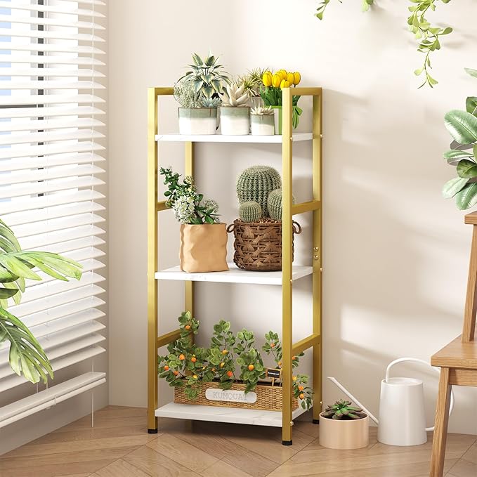 Bookshelf Storage Shelf Bookcase, 3 Tier Industrial Bookcase,Small Book case for Living Room, Bedroom, and Home Office, Easy Assembly Free Combination Multi-Functional Organizer(3 Tier,Gold) - LeafyLoom
