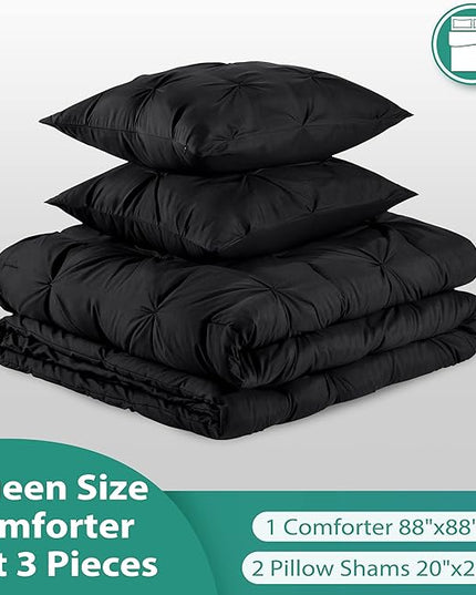 downluxe Pintuck Queen Comforter Set with 2 Pillow Shams - 3-Piece - Black Queen Bed Comforter Set for All Seasons, Pinch Pleat Microfiber Down Alternative Bedding Comforter Sets - LeafyLoom