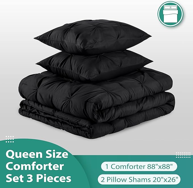 downluxe Pintuck Queen Comforter Set with 2 Pillow Shams - 3-Piece - Black Queen Bed Comforter Set for All Seasons, Pinch Pleat Microfiber Down Alternative Bedding Comforter Sets - LeafyLoom
