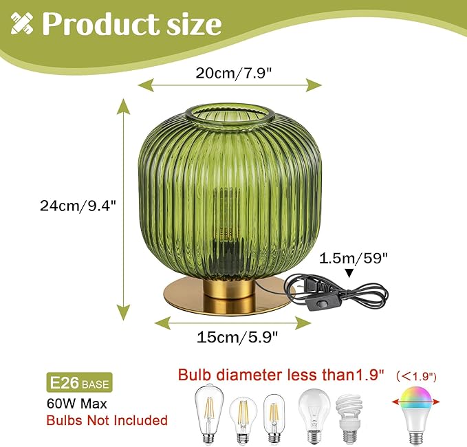 Small Table Lamp Elegant Green Glass Bedside Lamp with Ribbed Glass Shade Decorative End Table Lamp for Bedroom Tabletop Corner Shelf (Green) - LeafyLoom