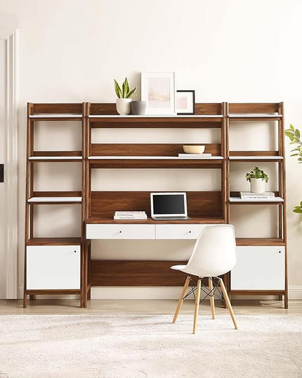 Modway Bixby 3-Piece Home Office Desk and Bookshelf Display Case in Walnut White - LeafyLoom