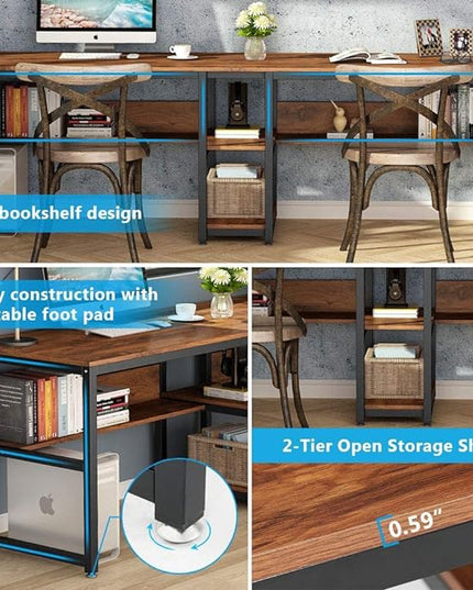 Tribesigns Two Person Desk with Bookshelf, 78.7 Computer Office Double Desk for Two Person, Rustic Writing Desk Workstation with Shelf for Home Office (Brown) - LeafyLoom