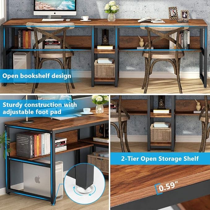 Tribesigns Two Person Desk with Bookshelf, 78.7 Computer Office Double Desk for Two Person, Rustic Writing Desk Workstation with Shelf for Home Office (Brown) - LeafyLoom