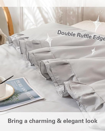 Gray Double Ruffle Comforter Set Twin Size (66x90 Inch), 2 Pcs Grey Farmhouse Vintage Comforter Set (1 Ruffled Comforter and 1 Pillowcase), Rustic All Season Down Alternative Bedding Set - LeafyLoom