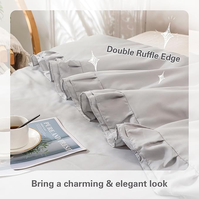 Gray Double Ruffle Comforter Set Twin Size (66x90 Inch), 2 Pcs Grey Farmhouse Vintage Comforter Set (1 Ruffled Comforter and 1 Pillowcase), Rustic All Season Down Alternative Bedding Set - LeafyLoom