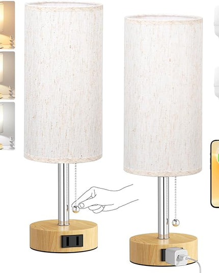 Wood Grain Bedside Table Lamps Set of 2-3 Color Temperatures Pull Chain Lamp with AC Outlet Charging Port, Two Round Night Stand Lamps for Bedroom Office, Small Bed Light with E26 LED Bulbs - LeafyLoom