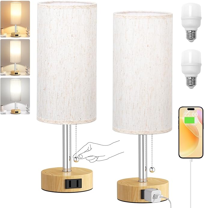 Wood Grain Bedside Table Lamps Set of 2-3 Color Temperatures Pull Chain Lamp with AC Outlet Charging Port, Two Round Night Stand Lamps for Bedroom Office, Small Bed Light with E26 LED Bulbs - LeafyLoom