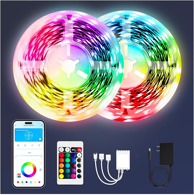 PHOPOLLO Bluetooth Led Strip Lights 100ft (2 Rolls of 50ft), RGB Color Changing LED Lights for Bedroom, Kitchen Decoration, App Control and Music Sync. Phopollo