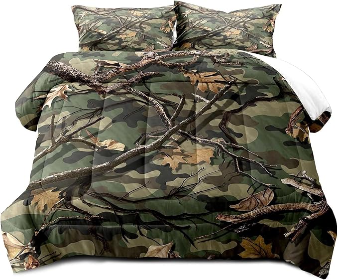 LUVIVIHOME 3PCS Green Camo Comforter Set Queen Size, Rustic Camouflage Bedding Quilt Country Farmhouse Forest Man Cave Bedroom Decor, Hunting Gifts for Men Husband Boyfriend Boys, 2 Pillow Shams - LeafyLoom