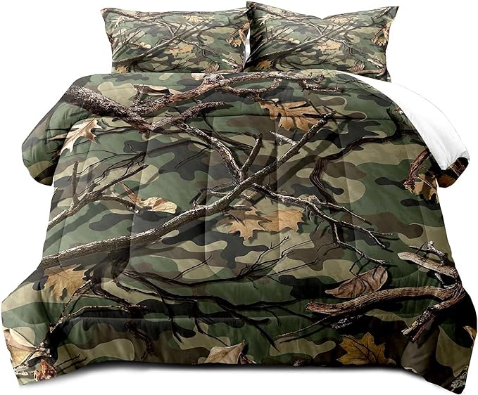 LUVIVIHOME 3PCS Green Camo Comforter Set King Size, Rustic Camouflage Bedding Quilt Country Farmhouse Forest Man Cave Bedroom Decor, Hunting Gifts for Men Husband Boyfriend Boys, 2 Pillow Shams - LeafyLoom