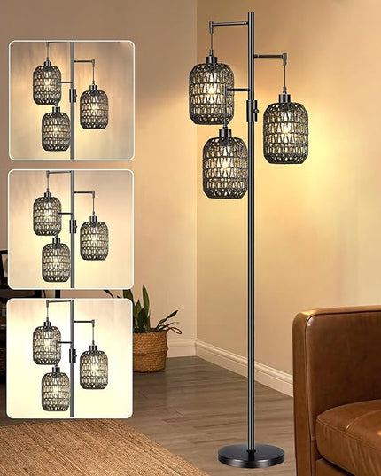 Floor Lamp for Living Room,Bedroom,Boho Rattan Floor Lights,Dimmable Industrial Black Farmhouse Tree 3 Standing Lamp Wicker Rustic Tall Lamp,Woven Bamboo Lamp Shade Floor Lamps Bohemian - LeafyLoom