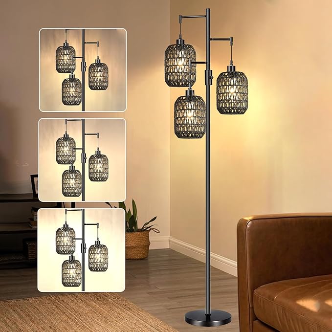 Floor Lamp for Living Room,Bedroom,Boho Rattan Floor Lights,Dimmable Industrial Black Farmhouse Tree 3 Standing Lamp Wicker Rustic Tall Lamp,Woven Bamboo Lamp Shade Floor Lamps Bohemian - LeafyLoom