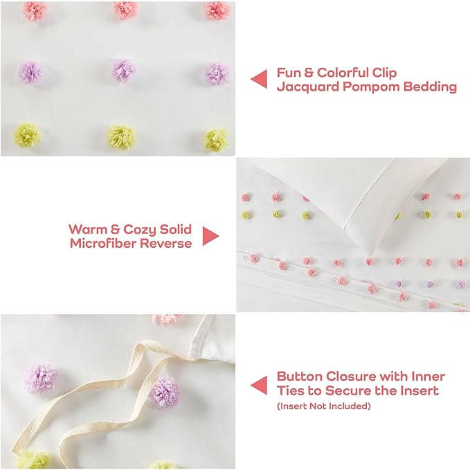 Mi Zone Kids Queen Duvet Cover Set, Fun and Adorable Multi-Color Clipped Jacquard Pompom Bedding, All Seasons Soft Microfiber Cozy & Breathable Duvet Cover, Sham, Cora, Full/Queen Pink Multi 3 Piece - LeafyLoom