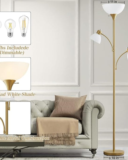 Luvkczc Torchiere Floor Lamps for Living Room, 3 Light Tree Floor Lamp, Gold Modern Tall Standing Lamps, Industrial Bright Floor Lamp for Bedroom, Office, Dresser, 3 LED Bulbs Included - LeafyLoom