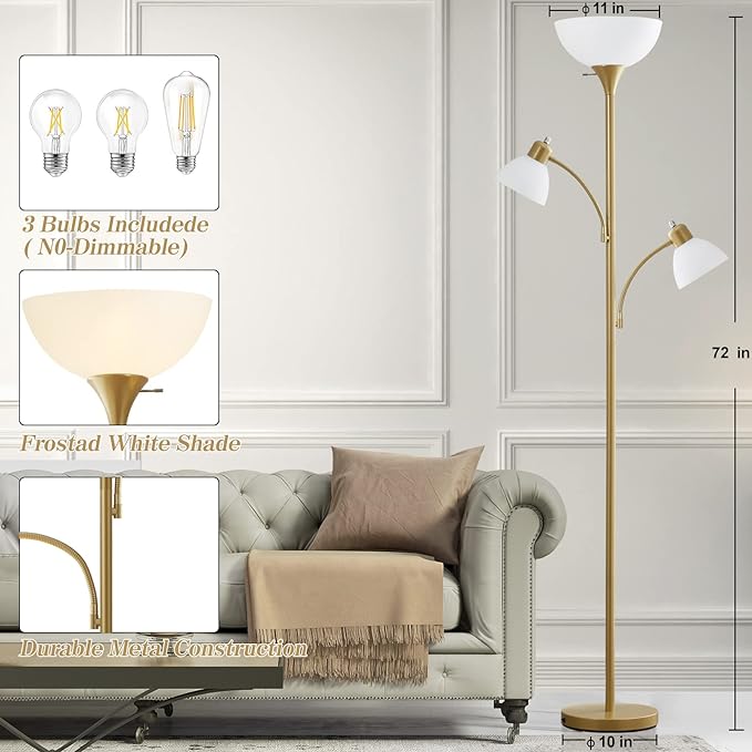 Luvkczc Torchiere Floor Lamps for Living Room, 3 Light Tree Floor Lamp, Gold Modern Tall Standing Lamps, Industrial Bright Floor Lamp for Bedroom, Office, Dresser, 3 LED Bulbs Included - LeafyLoom