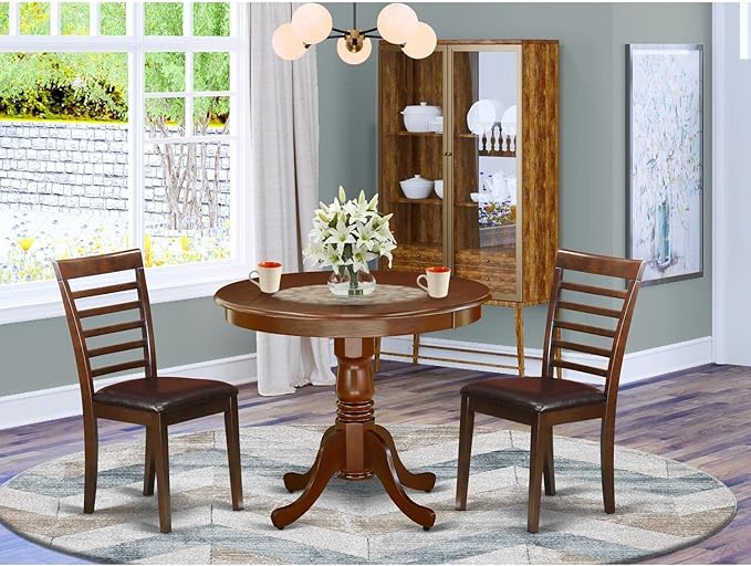 East West Furniture ANML3-MAH-LC 3 Piece Set for Small Spaces Contains a Round Table with Pedestal and 2 Faux Leather Kitchen Dining Chairs, 36x36 Inch, Mahogany - LeafyLoom