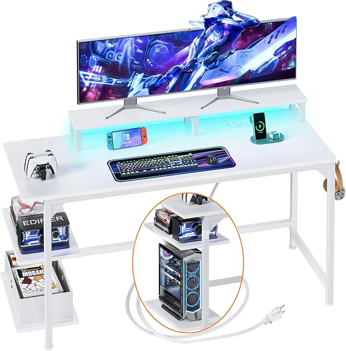 Furologee White Desk with Power Outlets and LED Lights, 47" Office Gaming Desk with Shelves and Fabric Drawer, Reversible Study Table with Monitor Stand and Hooks - LeafyLoom