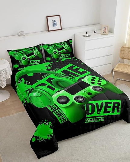 Feelyou Gamer Comforter Sets for Boys Teens Gaming Comforter King Size Kids Video Game Comforter Set Green Black Room Decor Headphone Gamepad Bedding Set Reversible Quilt for All Season 3Pcs Boys - LeafyLoom