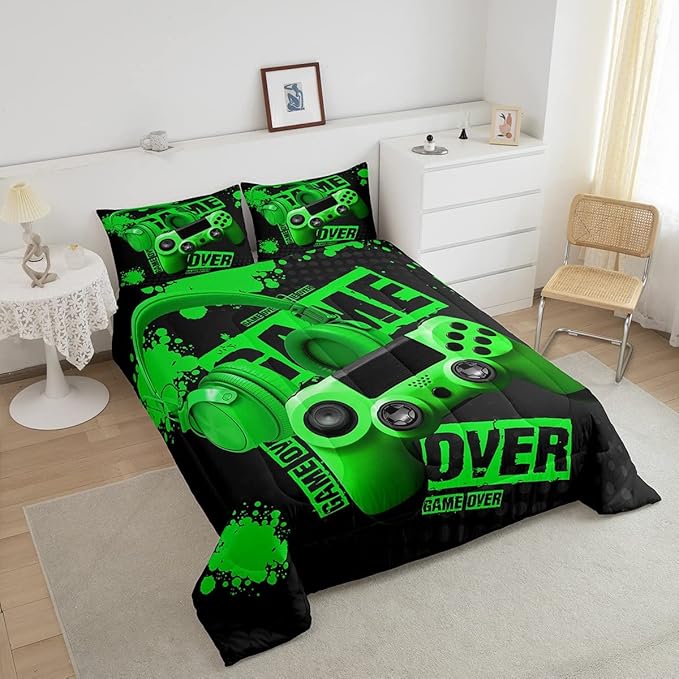 Feelyou Gamer Comforter Sets for Boys Teens Gaming Comforter King Size Kids Video Game Comforter Set Green Black Room Decor Headphone Gamepad Bedding Set Reversible Quilt for All Season 3Pcs Boys - LeafyLoom