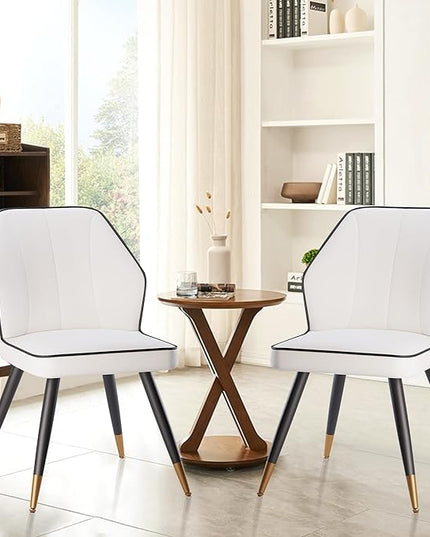 White Faux Leather Dining Chairs Set of 2, Modern Upholstered Accent Kitchen Dining Room Chairs Armless Side Chairs with Metal Legs - LeafyLoom