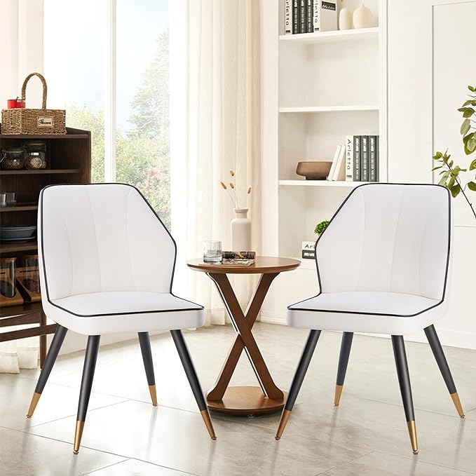 White Faux Leather Dining Chairs Set of 2, Modern Upholstered Accent Kitchen Dining Room Chairs Armless Side Chairs with Metal Legs - LeafyLoom