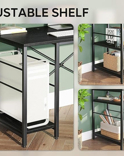 Bestier 95.2” L Shaped Desk, Reversible Corner Computer Desk or 2 Person Long Table with Adjustable Shelves, Large Writing Study Workstation with 3 Cable Holes - Black - LeafyLoom