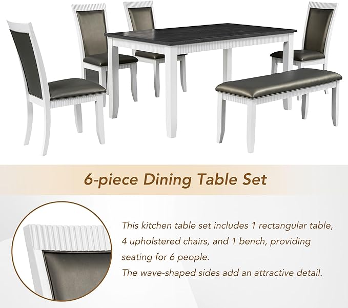 6-Piece Wood Dining Table Set with 4 Upholstered Chairs and Bench, for Kitchen Living Room, Farmhouse Rustic Style, 60" L x 36" W x 30" H, White+Gray(PU Leather) - LeafyLoom