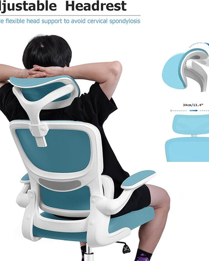 Ergonomic Office Chair, High Back Mesh Desk Chair with Lumbar Support and Adjustable Headrest, Computer Gaming Chair with Flip-up Armrests, Executive Swivel Chair for Home Office (Blue) - LeafyLoom