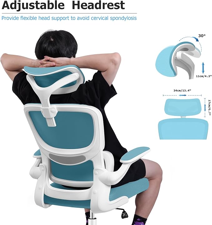 Ergonomic Office Chair, High Back Mesh Desk Chair with Lumbar Support and Adjustable Headrest, Computer Gaming Chair with Flip-up Armrests, Executive Swivel Chair for Home Office (Blue) - LeafyLoom