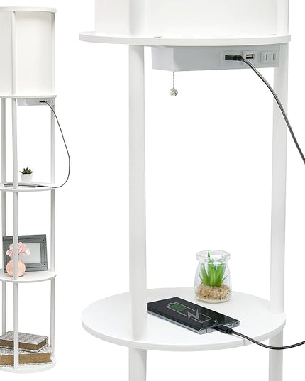 Simple Designs 62.5" LF2010-WHT Round Modern Shelf Etagere Organizer Storage Floor Lamp with 2 USB Charging Ports, 1 Charging Outlet and Linen Shade for Living Room Bedroom Office, White - LeafyLoom