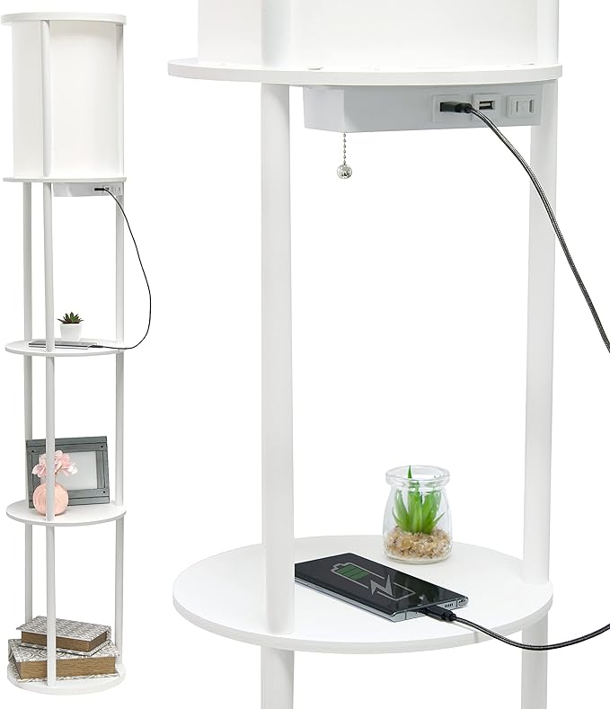 Simple Designs 62.5" LF2010-WHT Round Modern Shelf Etagere Organizer Storage Floor Lamp with 2 USB Charging Ports, 1 Charging Outlet and Linen Shade for Living Room Bedroom Office, White - LeafyLoom