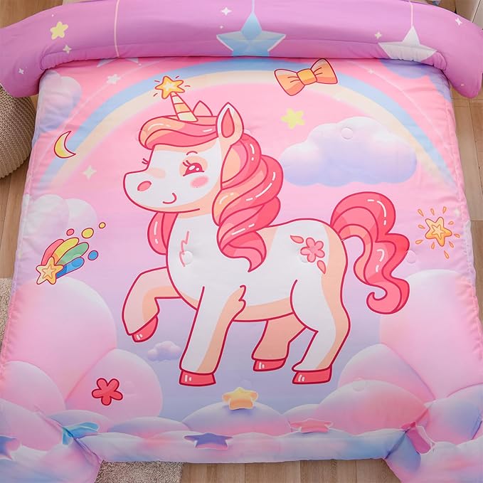 Aimuan Girls Unicorn Comforter Set 3 Pieces Pink Purple Bedding Set with Rainbow Star Galaxy Stars Fantasy Children Room Decor Soft Reversible Bed Sets for Boys/Girls/Teens (Pink Twin3Pcs) - LeafyLoom