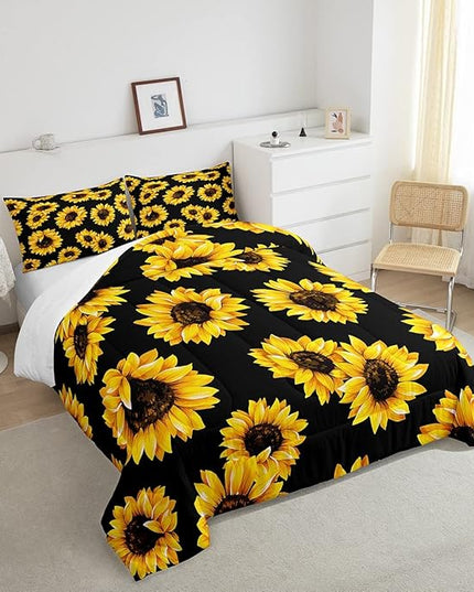 3D floral Comforter Set Queen for Kids Girls Women Yellow Flowers Bedding Set Sunflower Pattern Decor Quilted Duvet Set Botanical Floral Print on Black Down Comforter Garden Bloom Bed with pillowcases - LeafyLoom