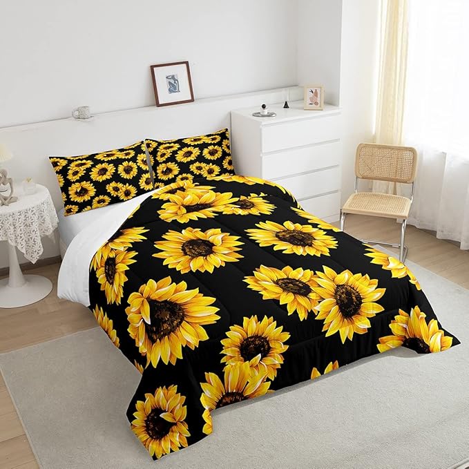 3D floral Comforter Set Queen for Kids Girls Women Yellow Flowers Bedding Set Sunflower Pattern Decor Quilted Duvet Set Botanical Floral Print on Black Down Comforter Garden Bloom Bed with pillowcases - LeafyLoom
