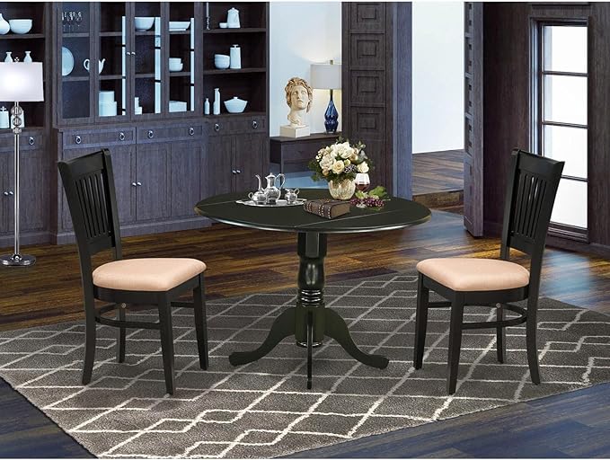 East West Furniture Dublin 3 Piece Kitchen Set for Small Spaces Contains a Round Dining Room Table with Dropleaf and 2 Linen Fabric Upholstered Chairs, 42x42 Inch, DLVA3-BLK-C - LeafyLoom
