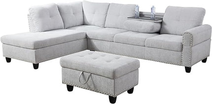 3-Piece L Shape Sectional Sofa with Right Chaise, Storage Ottoman and 2 Cupholders, Modern Flannel Couch w/Button Tufted Backrest, for Living Room, Office, Apartment, Grey White, 97inch - LeafyLoom