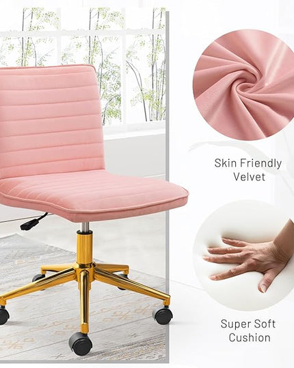 Furniliving Home Office Chair, Armless Vanity Chair with Wheels Swivel Velvet Computer Rolling Desk Chair with Back, Adjustable Accent Chair with Gold Metal Base Stool Chair,Pink - LeafyLoom