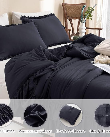 Shabby Comforter Set Queen,Farmhouse Rustic Microfiber Bedding Ruffled Comforter Set,Vintage Dark Gray Ruffle Comforter for Queen Bed Fluffy Aesthetic Grey Bedding 3 Pieces - LeafyLoom