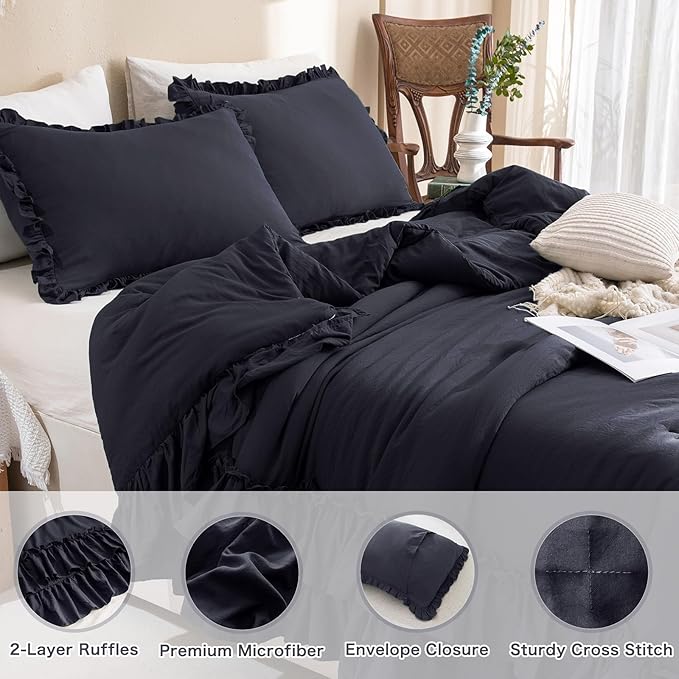 Shabby Comforter Set Queen,Farmhouse Rustic Microfiber Bedding Ruffled Comforter Set,Vintage Dark Gray Ruffle Comforter for Queen Bed Fluffy Aesthetic Grey Bedding 3 Pieces - LeafyLoom
